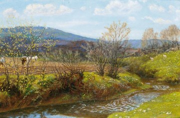 Un paisaje de tarde de primavera Arthur Hughes Pinturas al óleo